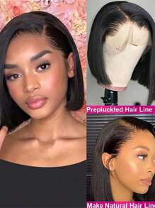 鲍勃假发真人发 13x5x1 女士蕾丝前假发 鲍勃蕾丝前假发真人发假发预拔 150% 密度短鲍勃假发（8-16 英寸） - Natural Black - 查看 6