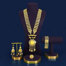 Mgyi 金色铜时尚高端奢华复古女士珠宝套装，18K 镀金优雅奢华方形设计项链、耳环、手链、戒指，适合尼日利亚、迪拜、中东、沙特阿拉伯新娘婚礼、日常佩戴、结婚周年纪念礼物、万圣节送给朋友的礼物 - 金色 - 查看 3