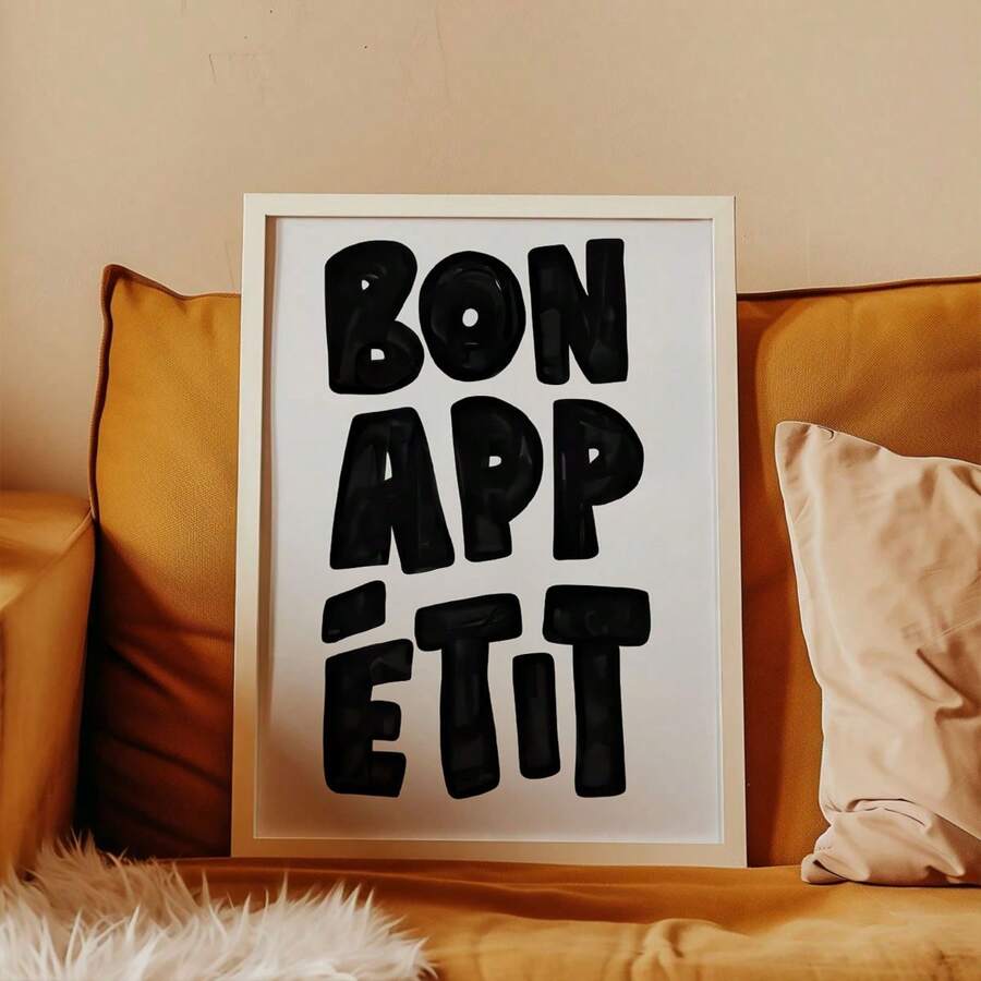 1pc Bon Appetit Canvas Wall Art Print, French Quote Black And White Poster, Suitable For Living Room Decor, Father's Day Gift, Frame Not Included - Multicolor - View 1