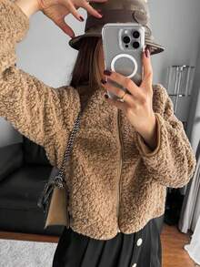 Veste courte en laine casual pour femmes. Veste de printemps et d'automne en polaire, maintien de la chaleur, couleur unie, zip - Taupe - Voir 2