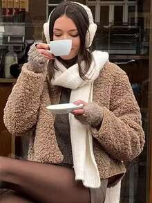 Veste courte en laine casual pour femmes. Veste de printemps et d'automne en polaire, maintien de la chaleur, couleur unie, zip - Taupe - Voir 5