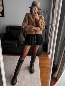 Veste courte en laine casual pour femmes. Veste de printemps et d'automne en polaire, maintien de la chaleur, couleur unie, zip - Taupe - Voir 3