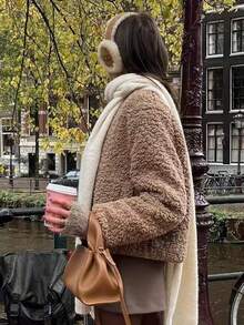 Veste courte en laine casual pour femmes. Veste de printemps et d'automne en polaire, maintien de la chaleur, couleur unie, zip - Taupe - Voir 6