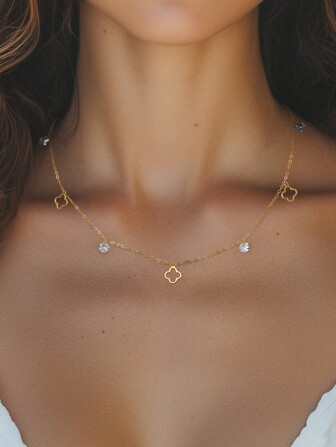 1 Pieza Collar minimalista de moda de plata de ley 925 con cadena, colgante con forma de trébol de cuatro hojas revestido en oro de 18K con circonita, adecuado para el uso diario y vacaciones de verano de las mujeres, regalo para el Día de San Valentín