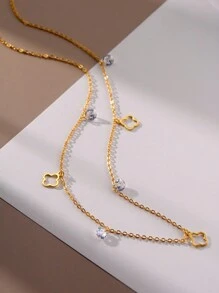 1 Pc Fashionable Minimalist 925 Silver Necklace Chain Four-Leaf Clover-Shaped With Zirconia 18K Gold Plated Necklace Suitable For Women's Daily Wear And Summer Vacation Valentines
