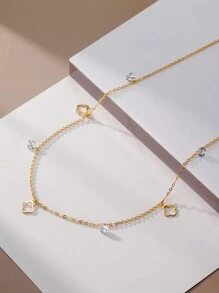 1 Pc Fashionable Minimalist 925 Silver Necklace Chain Four-Leaf Clover-Shaped With Zirconia 18K Gold Plated Necklace Suitable For Women's Daily Wear And Summer Vacation Valentines