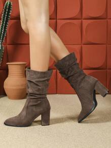 Pleated Chunky Heel Ankle Boots For Women, French High-End Sense Square Toe Elastic Chelsea Boots, Autumn/Winter 2024, Runs Slightly Large - Coffee Brown - View 3