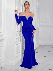 ADYCE Elegant One Shoulder V-Neck Nail Bead Long Sleeved Front Slit Backless Floor Length Party Dress For Prom Birthday Party Evening Date Homecoming Party Wedding Guest Formal Dinner Family Festival - Royal Blue - View 3
