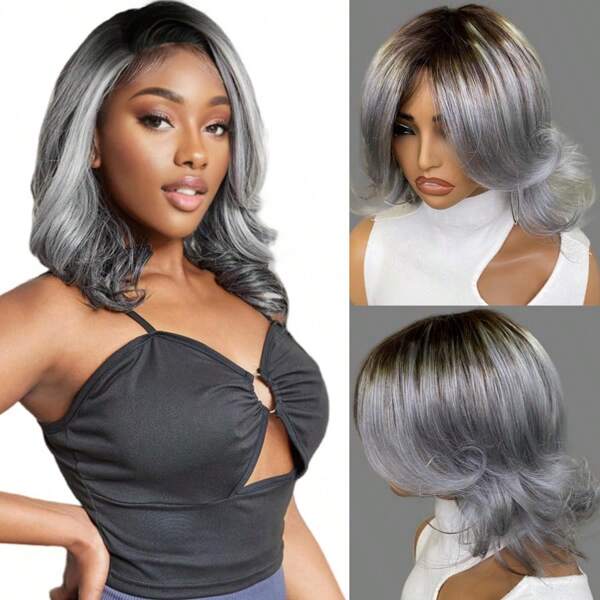 12inch 1/Gray Human Hair Wig For Women Short Wavy Wigs None Lace Front Human Hair Wigs With Bangs Machine Made Pixie Cut Wig