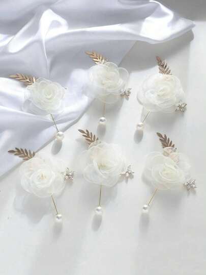 Set de 6 piezas de flor de rosa de encaje con prendedores de aleación metálica - Decoración de alta calidad para corsage, adecuado para boda, fiesta formal, evento