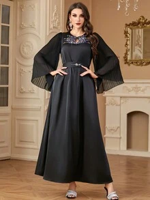 Women's Crew Neck Colored Beads Detail Pleated Flared Sleeve Elegant Dress