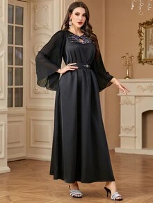 Women's Crew Neck Colored Beads Detail Pleated Flared Sleeve Elegant Dress