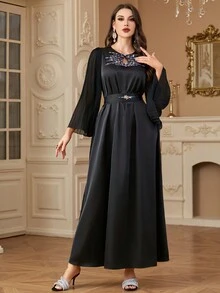 Women's Crew Neck Colored Beads Detail Pleated Flared Sleeve Elegant Dress