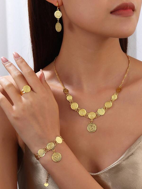 5pcs/Set Vintage Disc & Coin Design Necklace And Bracelet Jewelry Set, Style For Women, Wedding & Festival