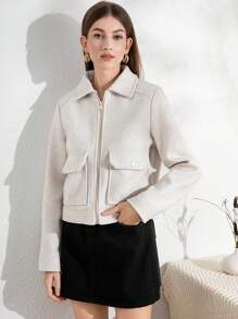 复古办公室女士波尔多红色柔软飞行员夹克女式长袖口袋拉链外套时尚2025秋冬圣诞装 - 米色 - 查看 1