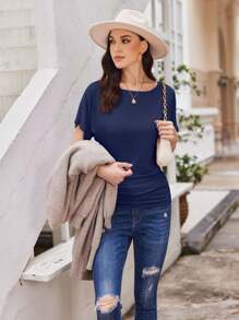 OUTBALL Women's Solid Short Sleeve Boat Neck Dolman Top With Side Shirring Casual Loose Fit T-Shirt - 藏蓝色 - 查看 6