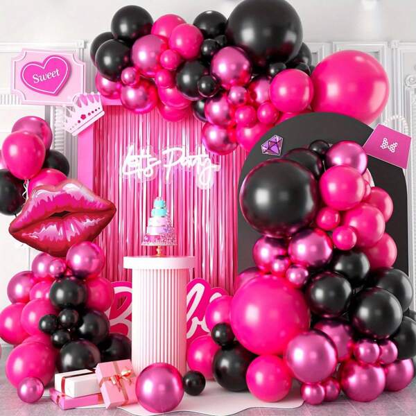 94pcs Birthday Party Black And Pink Balloon Garland Kit Rose Red Black Pink Balloon Arch Kit Latex Balloons For Valentine's Day Birthday Wedding Mother's Day Princess Theme Party Decoration
