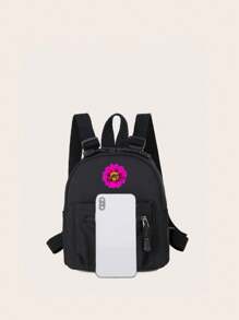 Ba lô mini thời trang vải nylon trơn đa năng tối giản họa tiết hoa cúc in, phong cách thể thao dành cho nữ khi đi du lịch - màu đen - Xem 4