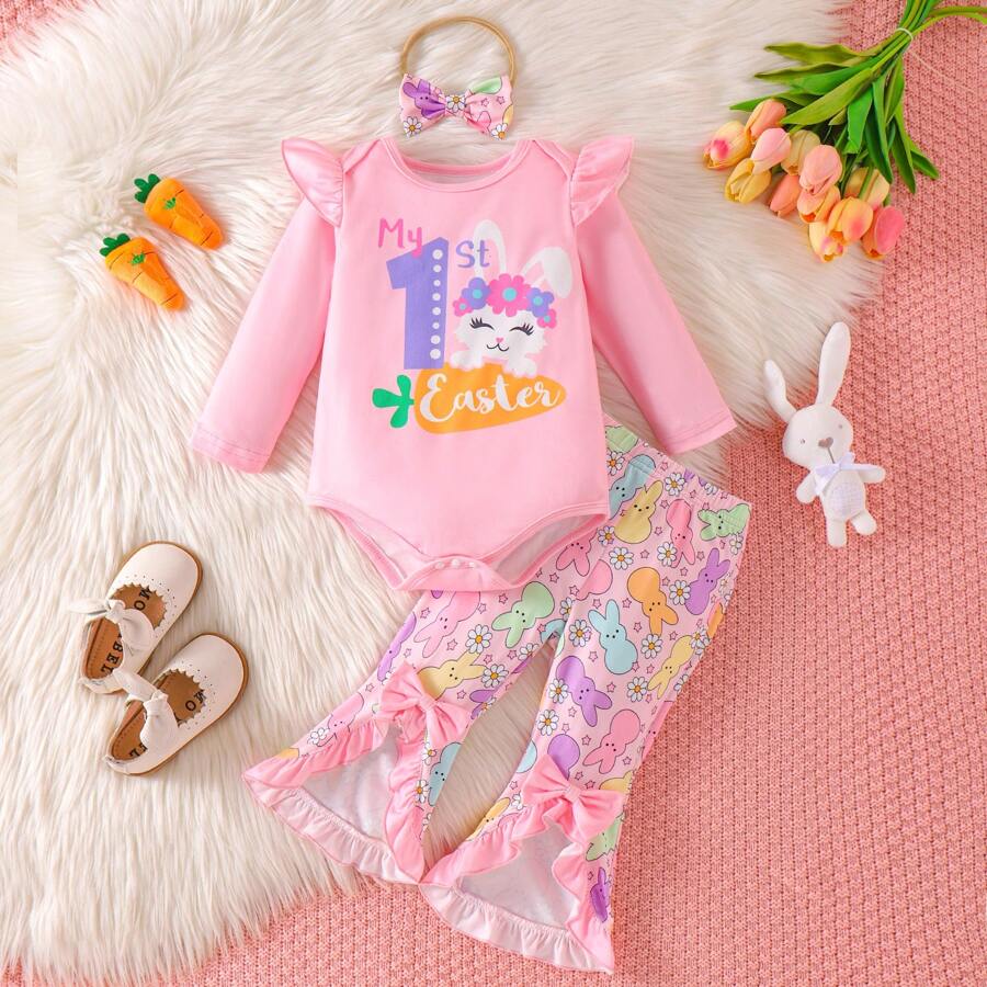Set de 3 piezas para bebé niña: body de manga larga con estampado de letras de conejito de Pascua, pantalones acampanados y diadema