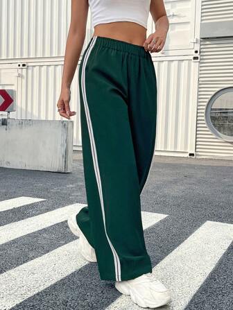 Women Young Lady Casual College Style Side Stripe Solid Color Simple Sports Pants, For Daily Wear