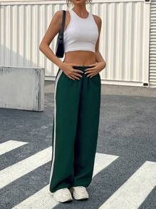 Women Young Lady Casual College Style Side Stripe Solid Color Simple Sports Pants, For Daily Wear - Green - View 6