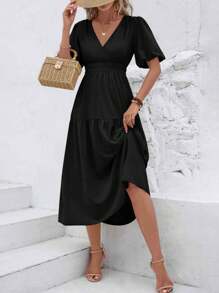 New Style Solid Color V-Neck Short Sleeve Dress, Elegant And Gentle - Black - View 1