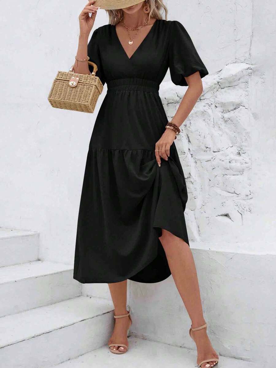 New Style Solid Color V-Neck Short Sleeve Dress, Elegant And Gentle - Black - View 1