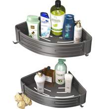 Kệ góc vòi hoa sen đục lỗ miễn phí: Kệ màu đen cho tường phòng tắm, Kệ góc dính cho vòi hoa sen, Kệ góc nổi gắn tường trang trí phòng tắm gia đình - Màu xám đen - Xem 3