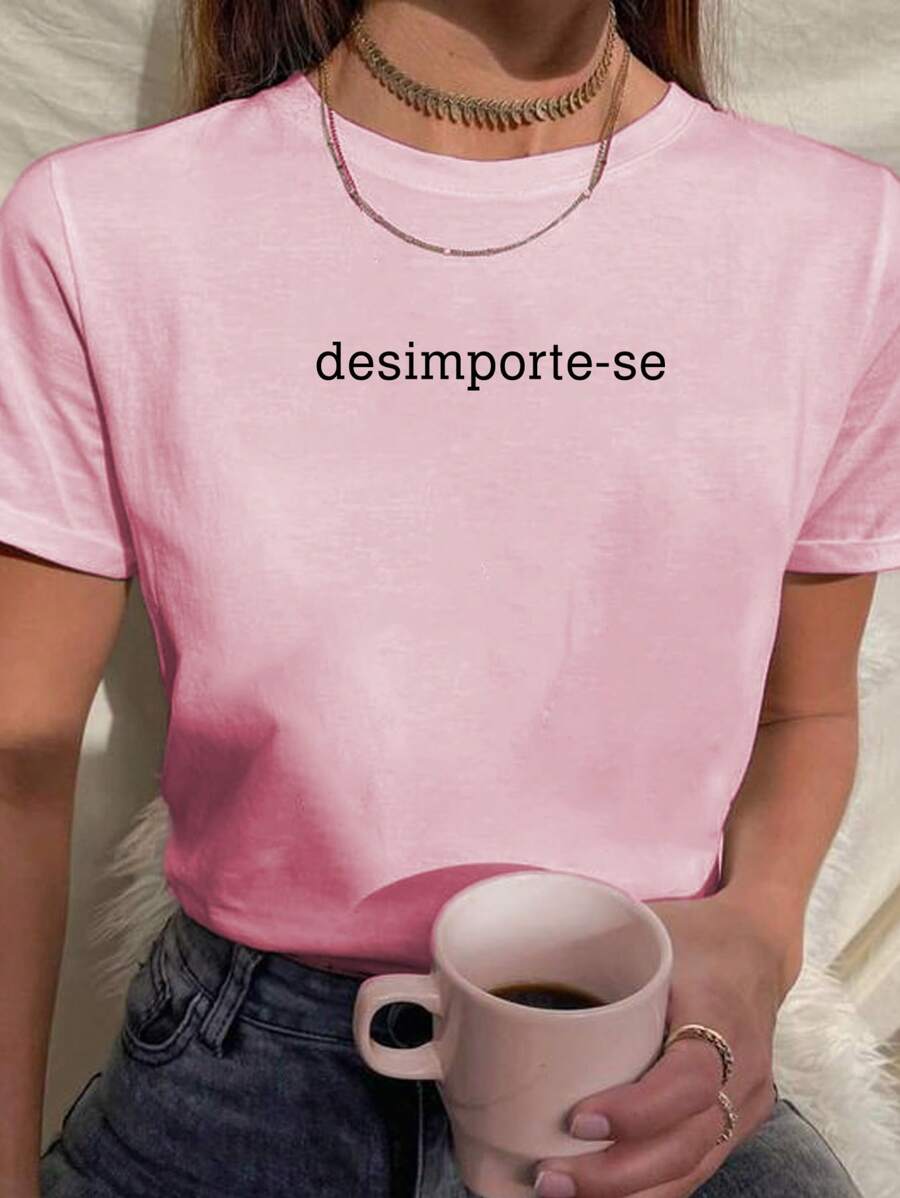 Women's T-Shirt Baby Look Motivational Phrase Don't Care Tumblr Various Colors 100% Cotton - 淺粉色 - 查看 1