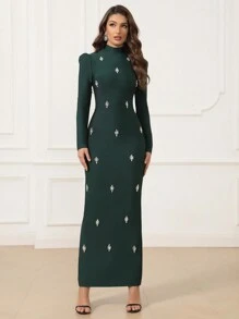 Love Aing LOVE Aing Women Elegant Luxury Long Sleeve Slit Dress, V-Neck Black Bandage Evening Gown For Party, Wedding Banquet, Wedding Guest Dress, Formal Dress