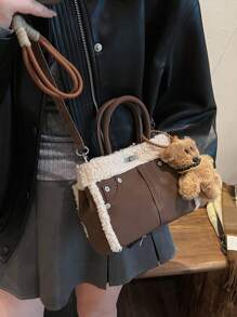 1 件纯色蓬松手提包单肩包，简约创意时尚，适合女性日常/旅行/上学，可调节肩带 - 棕色 - 查看 1