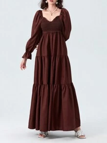 Women Long Dress Fashion Print Sweetheart Neckline Long Sleeve Dress Fashion Spring Fall Casual Dress - 棕色 - 查看 5