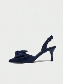 1 双女士尖头蝴蝶结点缀缎面高跟穆勒鞋、拖鞋，适合派对，夏季/秋季，蓝色 - 藍色 - 查看 7