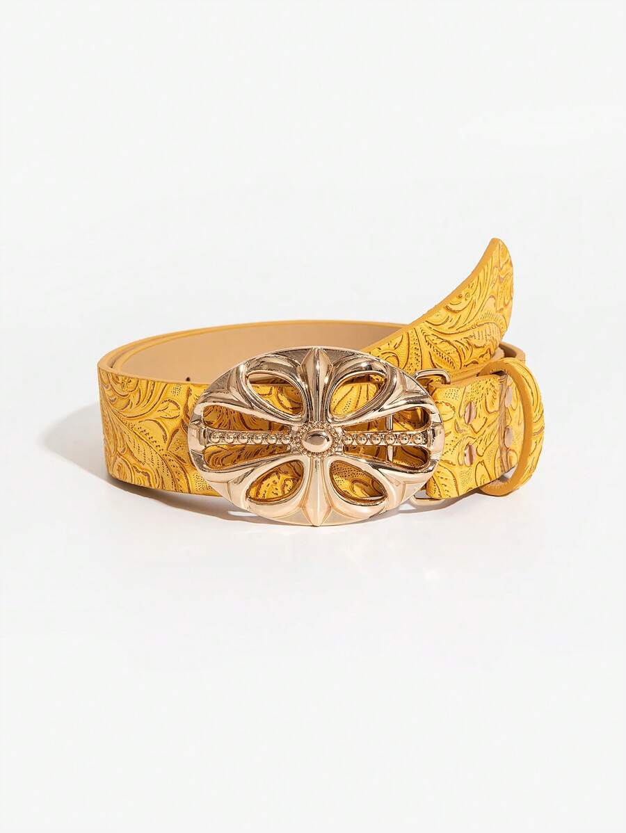 1 条女士复古压花西式皮带，适合音乐节 - 黃色 - 查看 1