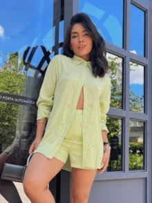 Women's Shirt And Short Set With Rhinestone Details / New Year / Christmas - 黃色 - 查看 2