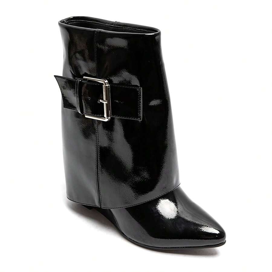 Women's Black Ankle Boots With Decorative Buckle - Black - 2 - View 1