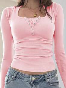 女式 Y2K 性感纯色蕾丝拼布长袖修身衬衫