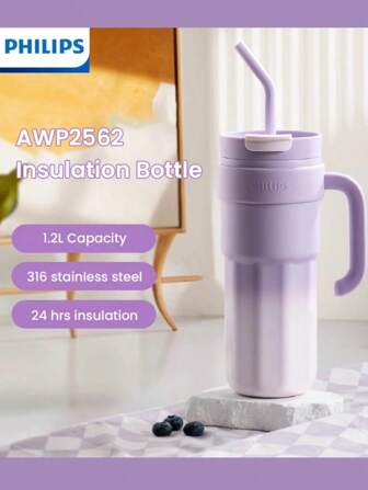 PHILIPS 1 pièce Grande tasse de café isotherme Philips en acier inoxydable pour couple avec paille en option. Tasse simple pour la maison, le fitness, le bureau. Tasse isotherme gardant le froid. Cadeau de la Saint-Valentin.
