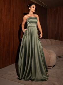 LONG DRESS FOR WEDDING PARTY BRIDESMAID GRADUATES STRAP-ON - Verde Oliva - Ver 1
