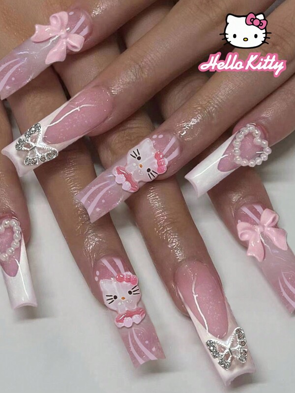 Sanrio 24Pcs Long Square Nail French Tip Press On Nails Three-Dimensional Cute Rhinestone 3D Pink Bow With Heart,Faux Pearl, Butterfly Design False Nail Set ,Contain 1Pc Jelly Glue And 1Pc Nail File Nails For Women And Girls Daily Life And Party Use Nail Supplies Nails