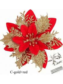 12 套圣诞花人造一品红花装饰闪光圣诞树饰品 14 厘米/5.5 英寸带夹子茎圣诞婚礼派对花环花环 DIY - 彩色 - 查看 19