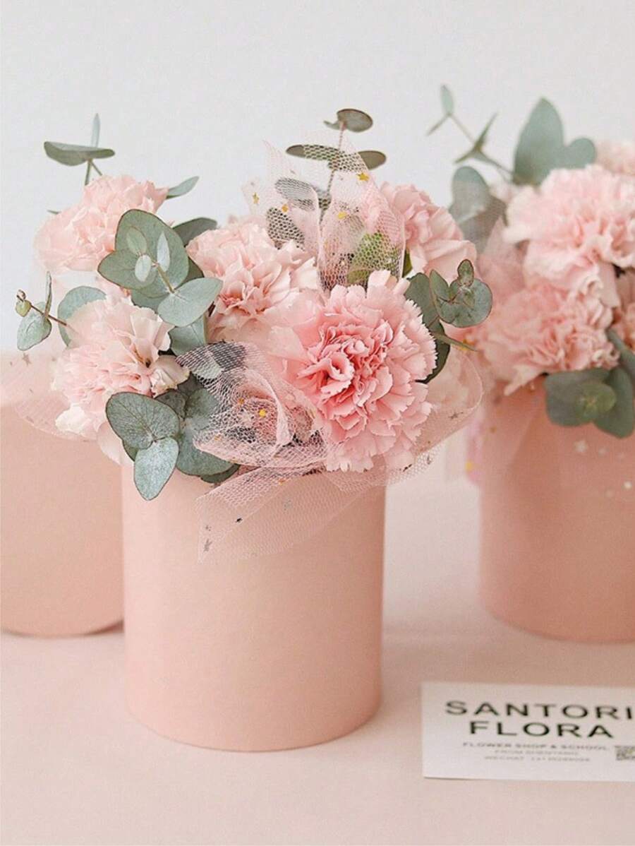 4/10PCS Pink Circular Flower Arrangement Box, Flower Wrapping Small Box, Valentine's Day Flower Packaging Small Bucket, Hand-Held Flower Bucket Mini Hug Bucket Back To School Valentine's Day - Pink - View 1