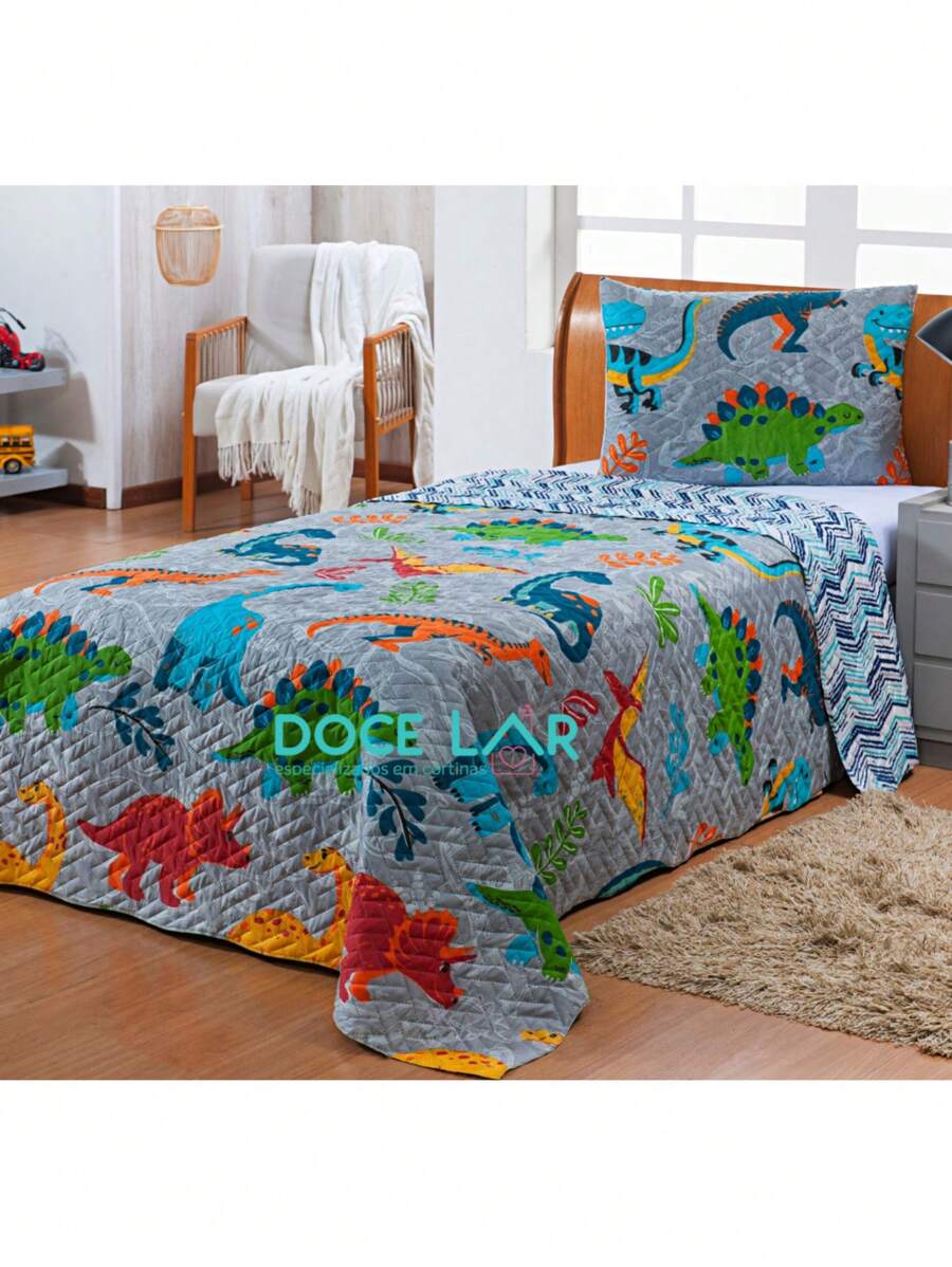 Double-Sided Single Bedspread Bedspread Kit, 2 Pieces, Various Colors - Dinossauros - 查看 1