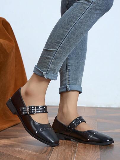 Damen flache Mary Jane Schuhe, schwarzer Quadratsschuh, vielseitige Loafer
