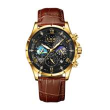 LIGE Casual Men's Three-Eye Quartz Watch Waterproof Luminous Electronic Moon Phase Multifunctional Calendar Watch Gift-Giving Choice