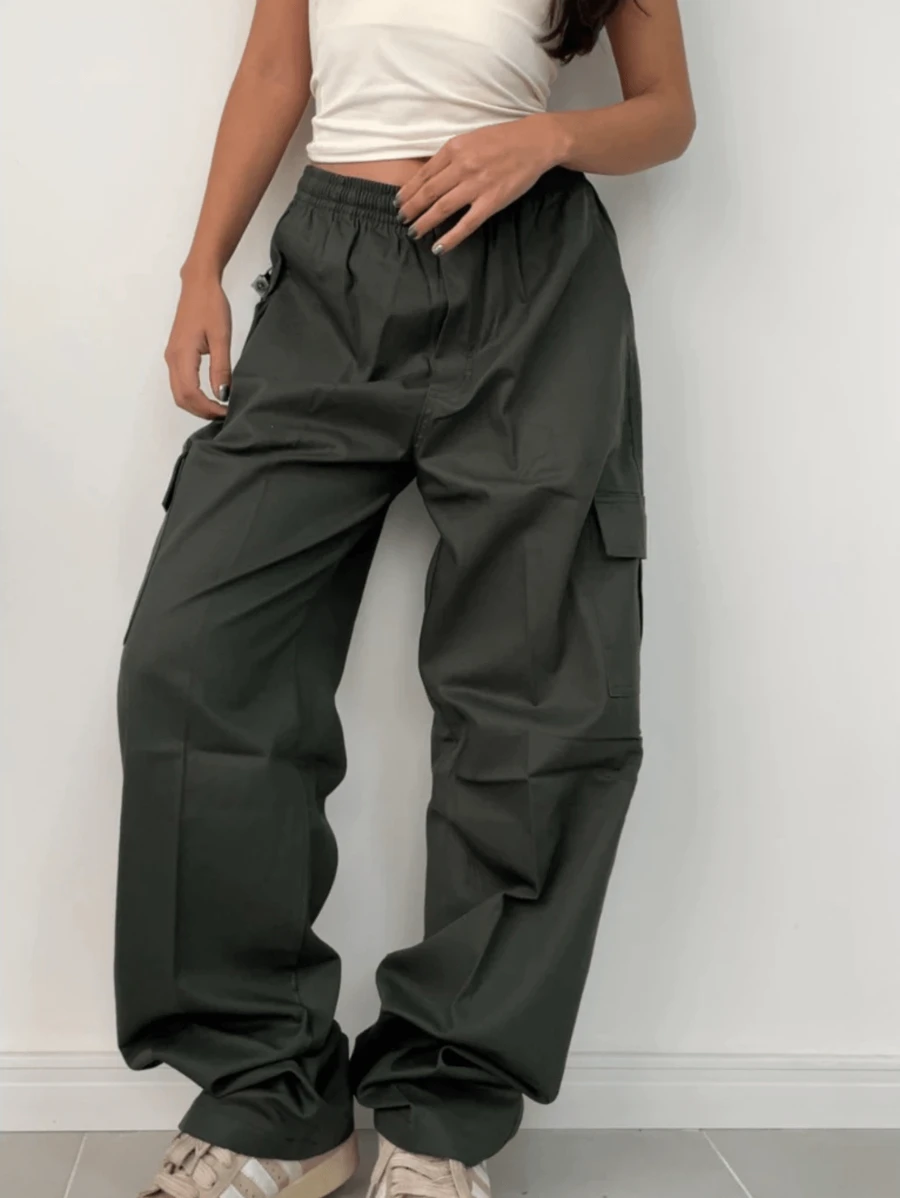 GIAO GIAO Cargo Pants Khaki, Black, Beige Twill Skate With Elastic Unisex - 軍綠色 - 查看 1