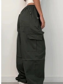 GIAO GIAO Cargo Pants Khaki, Black, Beige Twill Skate With Elastic Unisex - 軍綠色 - 查看 3