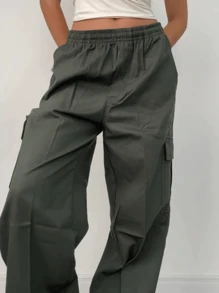 GIAO GIAO Cargo Pants Khaki, Black, Beige Twill Skate With Elastic Unisex - 軍綠色 - 查看 2