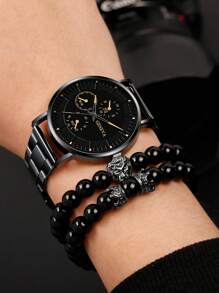 3 sztuki/zestaw Modny i wszechstronny męski zegarek kwarcowy ze stalową bransoletą, w połączeniu z bransoletą z koralikami w kształcie korony lwa, odpowiedni do biznesu, spotkań towarzyskich i codziennego noszenia, najlepszy prezent dla mężczyzn - Czarne - Zobacz 4