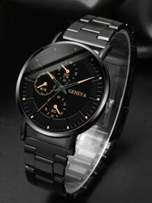 3 sztuki/zestaw Modny i wszechstronny męski zegarek kwarcowy ze stalową bransoletą, w połączeniu z bransoletą z koralikami w kształcie korony lwa, odpowiedni do biznesu, spotkań towarzyskich i codziennego noszenia, najlepszy prezent dla mężczyzn - Czarne - Zobacz 3